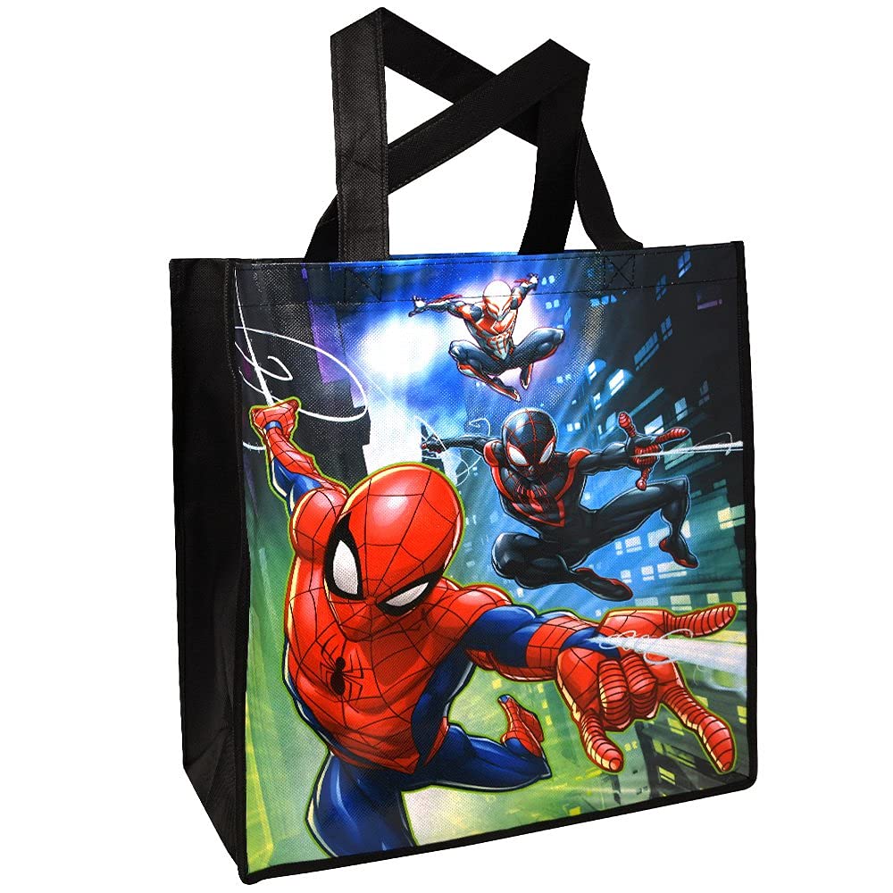 Marvel Spiderman Tote Bags Value Bundle - 3 Pc Spiderman Reusable Large Tote Superhero Grocery Bags with Stickers (Spiderman Storage and Organizing Supplies)