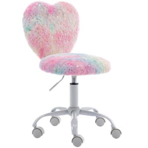 dm furniture small kids chair, cute heart girls desk chair, rolling study chair furry pink computer chair, faux fur swivel vanity chair for children bedroom/study, colorful