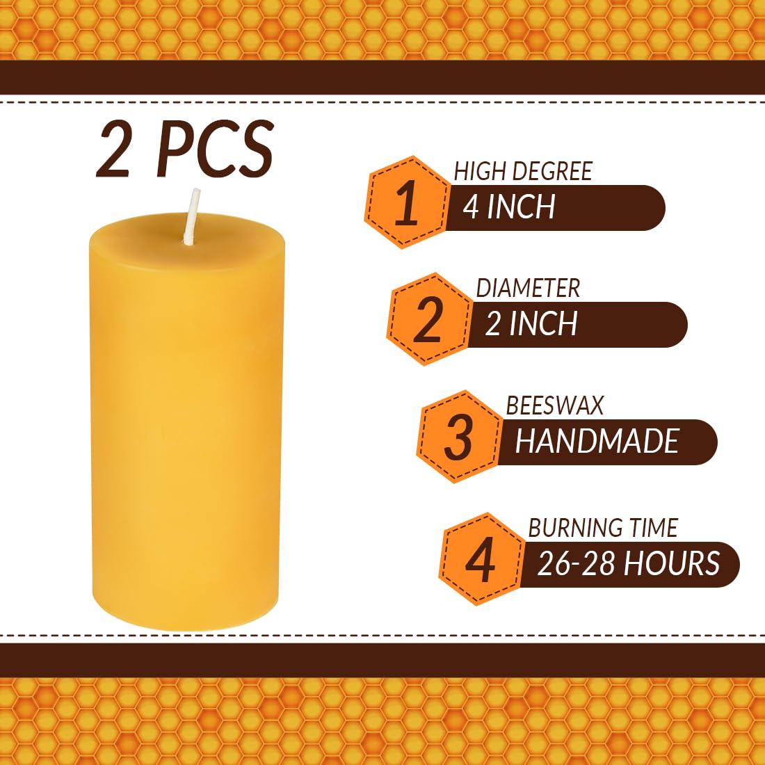 Natural Beeswax Pillar Candle, Smokeless Dripless Pure Beeswax Candle Set with Natural Scent for Room Decoration Prayer Party, Long Lasting Burn Time,1.89x3.86 inch (2 Pack),Brown Raw