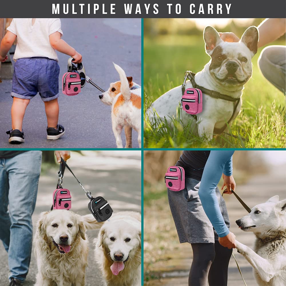 PetAmi Dog Poop Bag Holder For Leash, Dog Pet Waste Bag Dispenser For Poop With Clip For Doggie Puppy Walking Accessories Travel Camping, Dog Treat Pouch Supplies Must Have With Doggy Bag Roll, Pink