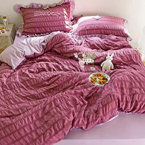 xicennego 4 piece seersucker duvet cover set, princess bedding set, 1 duvet cover, 1 washed cotton flat sheets, 2 pillowcases (king, purple)