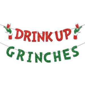 drink up grinches banner, glittery christmas decorations banners winter holiday garland photo props banner for party home decorations