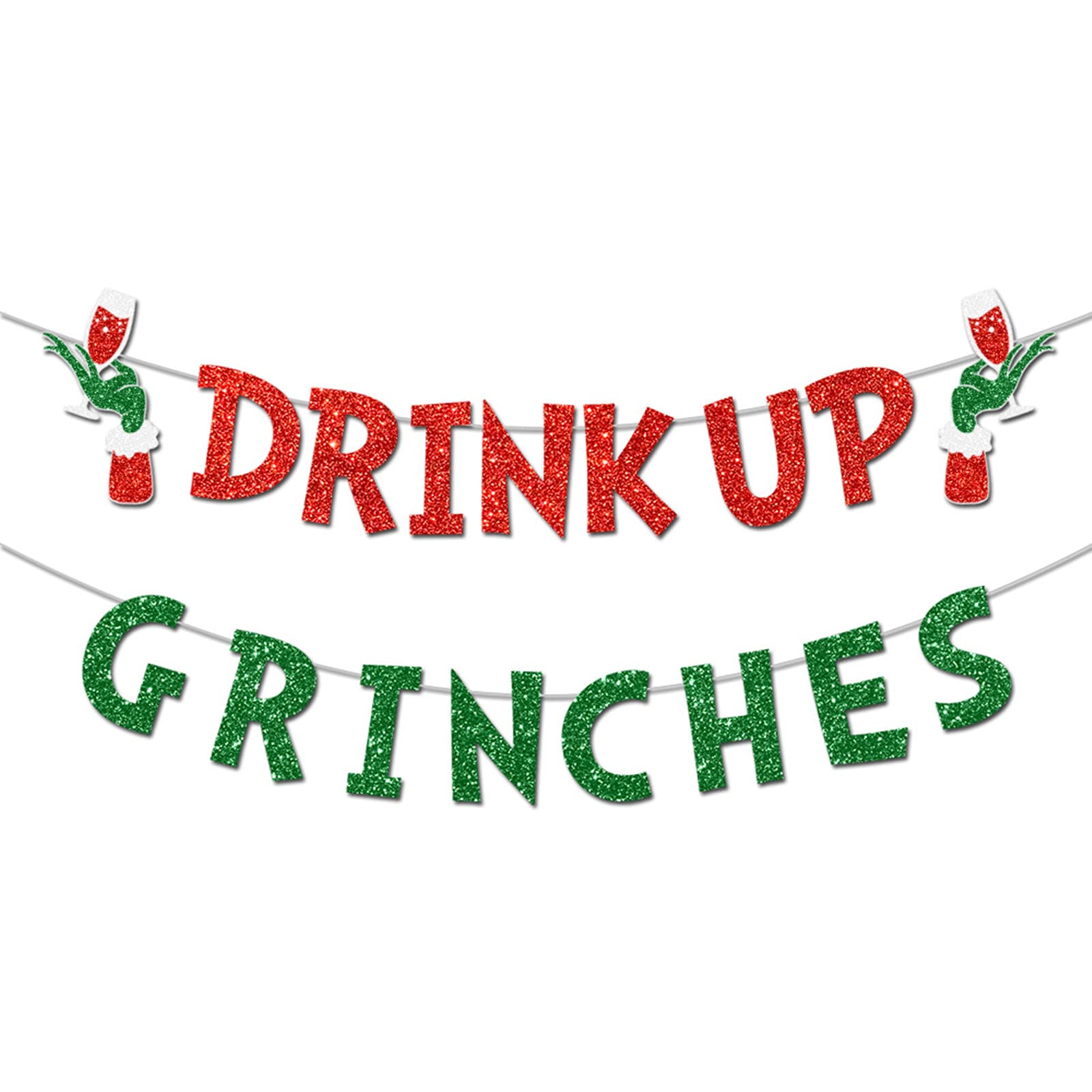 Drink Up Grinches Banner, Glittery Christmas Decorations Banners Winter Holiday Garland Photo Props Banner for Party Home Decorations