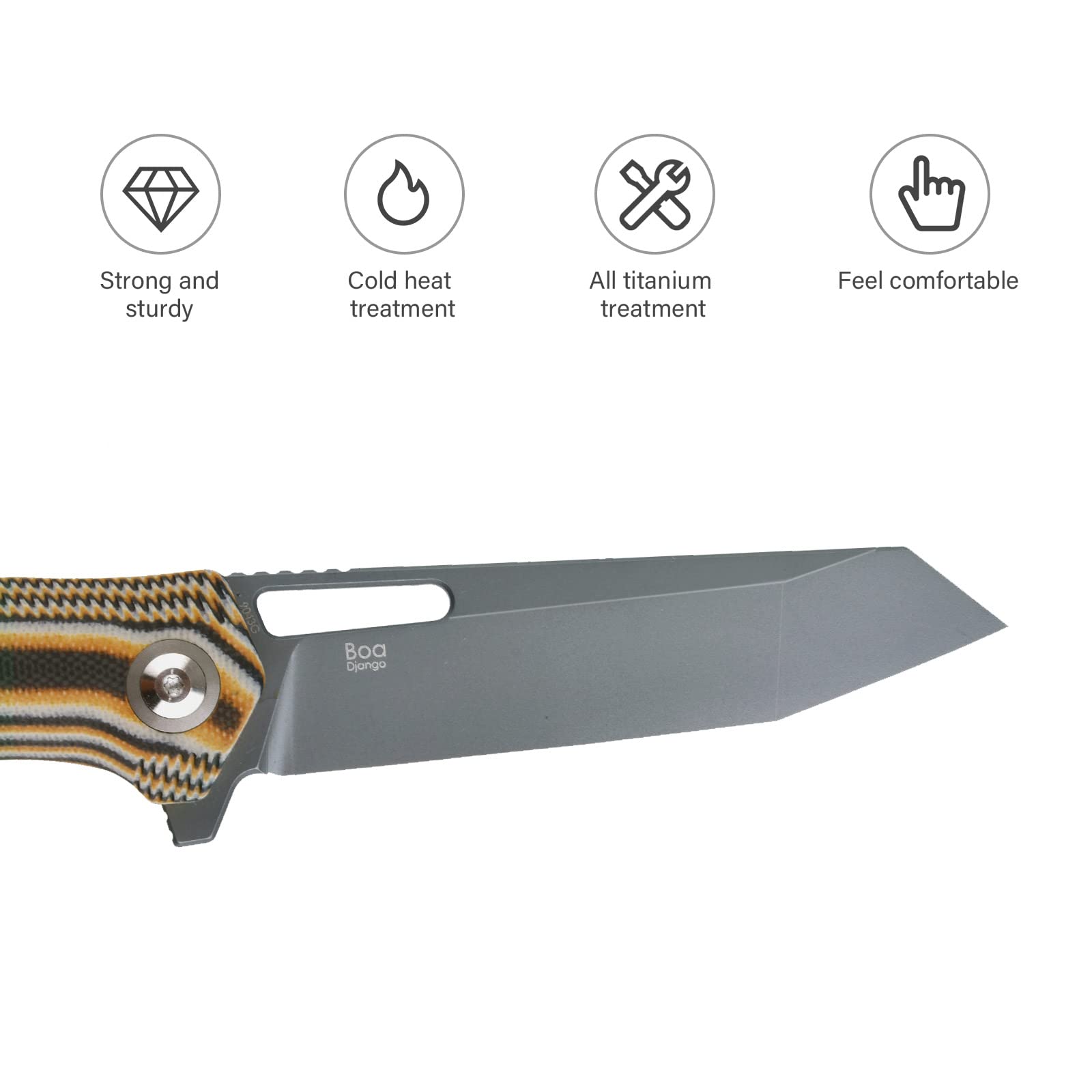 SHIELDON Boa Pocket Knife 3.82" Tanto Titanium Coating D2 Blade G10 Handle Thumb Hole Flipper Open Folding Knife with Pocket Clip for Outdoor Daily Carry