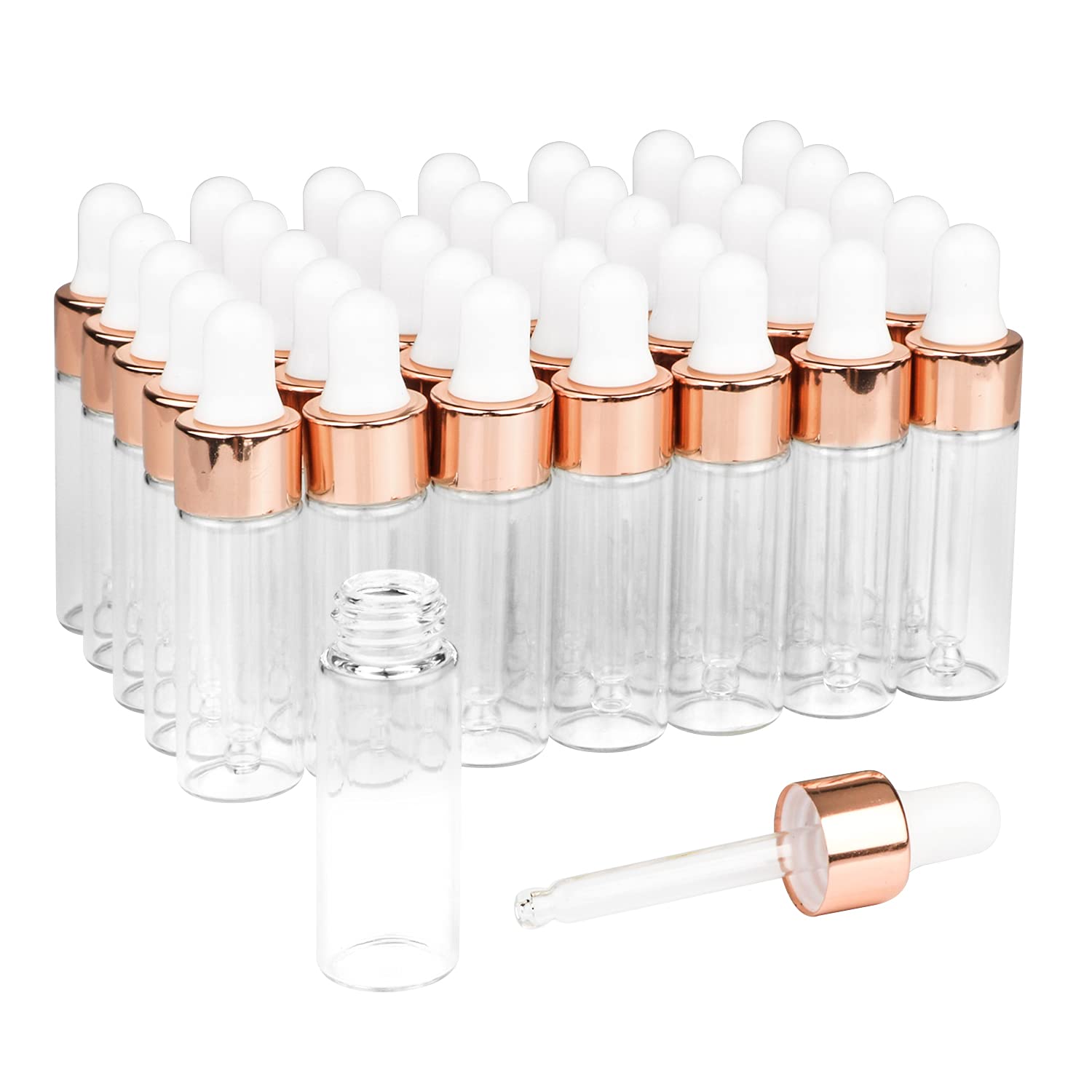 USRommaner 35 Pack,5ml Clear Sample Essential Oil Dropper,Empty Glass Dropper Vials With Rose-Gold Cap,Glass Pipette Liquid Travel Perfume Liquid Holder Container-Pipette,Funnel,included