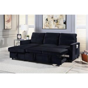 BOWERY HILL Black Velvet Reversible/Sectional Sleeper Sofa with Storage Chaise