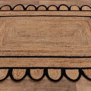 ROYAL ARTS & CRAFTS 2x3,3x5,4x6,5x7,6x9,8x10,9x12 Black Color Scalloped Design Jute Rug Kitchen Rug/ Patio Rug/ Hallway Rug/ Entryway Rug/ Outdoor Rug (3x4 Ft Area Rug)