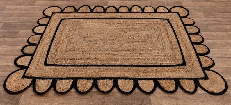 ROYAL ARTS & CRAFTS 2x3,3x5,4x6,5x7,6x9,8x10,9x12 Black Color Scalloped Design Jute Rug Kitchen Rug/ Patio Rug/ Hallway Rug/ Entryway Rug/ Outdoor Rug (3x4 Ft Area Rug)