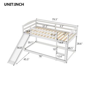 Low Bunk Beds Twin Over Twin Bunk Bed with Slide and Ladder, Wooden bunk Bed for Toddlers Kids Boys Girls (White)