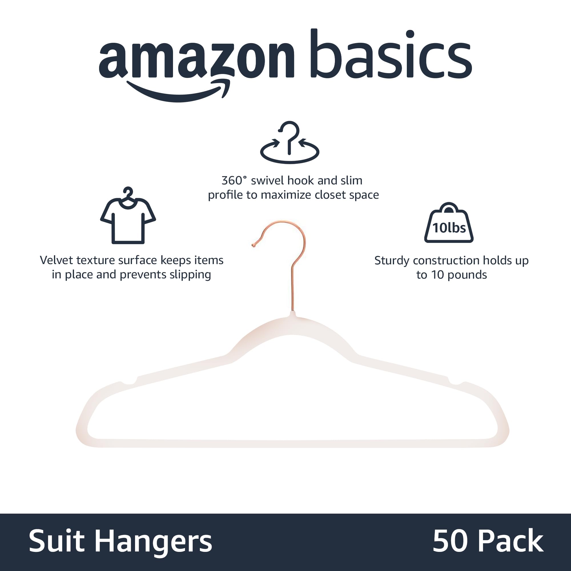 Amazon Basics Slim, Space-Saving, Velvet, Non-Slip, Sturdy Suit Clothes Hangers, Pack of 50, Blush Pink/Rose Gold