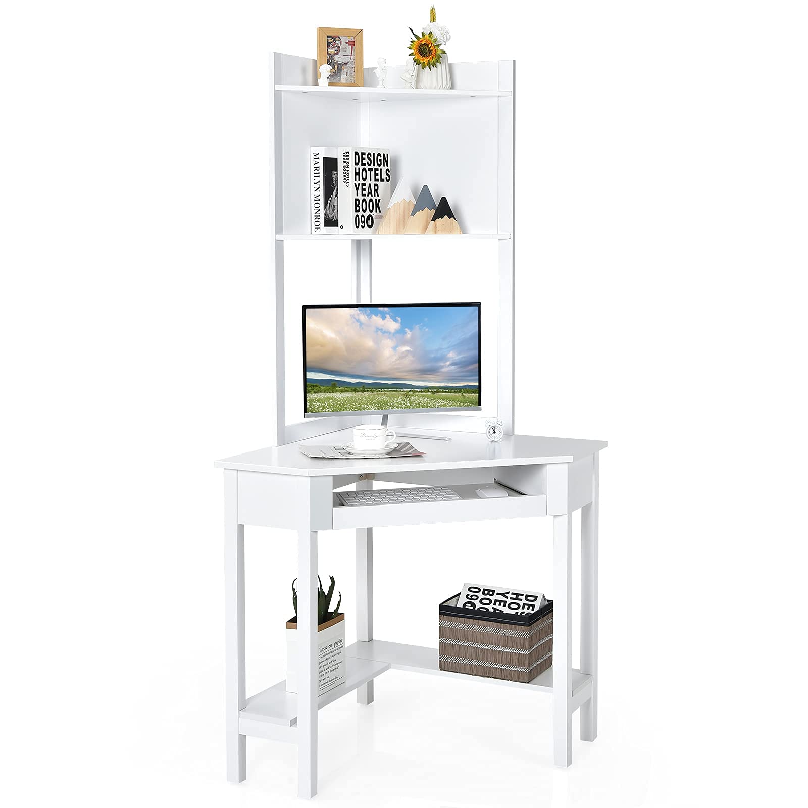 Tangkula White Corner Desk with Hutch, 90 Degrees Triangle Computer Desk with Keyboard Tray & Bookshelves for Small Space, Space Saving Writing Desk with Storage Shelves for Bedroom Apartment