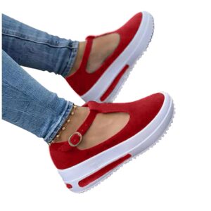 women fashion wedge sneakers platform buckle strap sandals ladies cusual solid shoes red