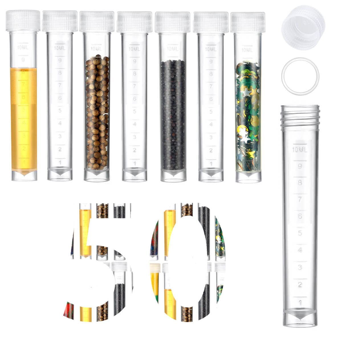 BKMAMLAB 50PCS 10ml Plastic Small Vials with Screw Caps Sample Tubes Cryotubes,PP Material, Free from DNase, RNase, Human DNA