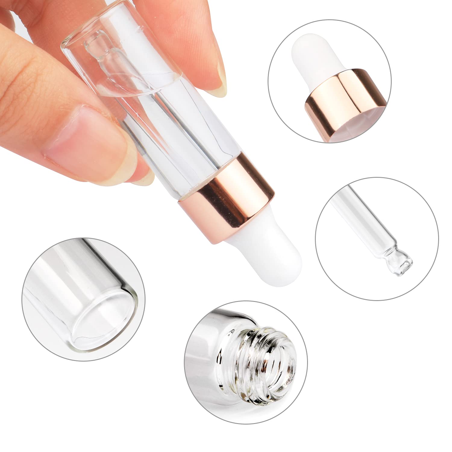 USRommaner 35 Pack,5ml Clear Sample Essential Oil Dropper,Empty Glass Dropper Vials With Rose-Gold Cap,Glass Pipette Liquid Travel Perfume Liquid Holder Container-Pipette,Funnel,included