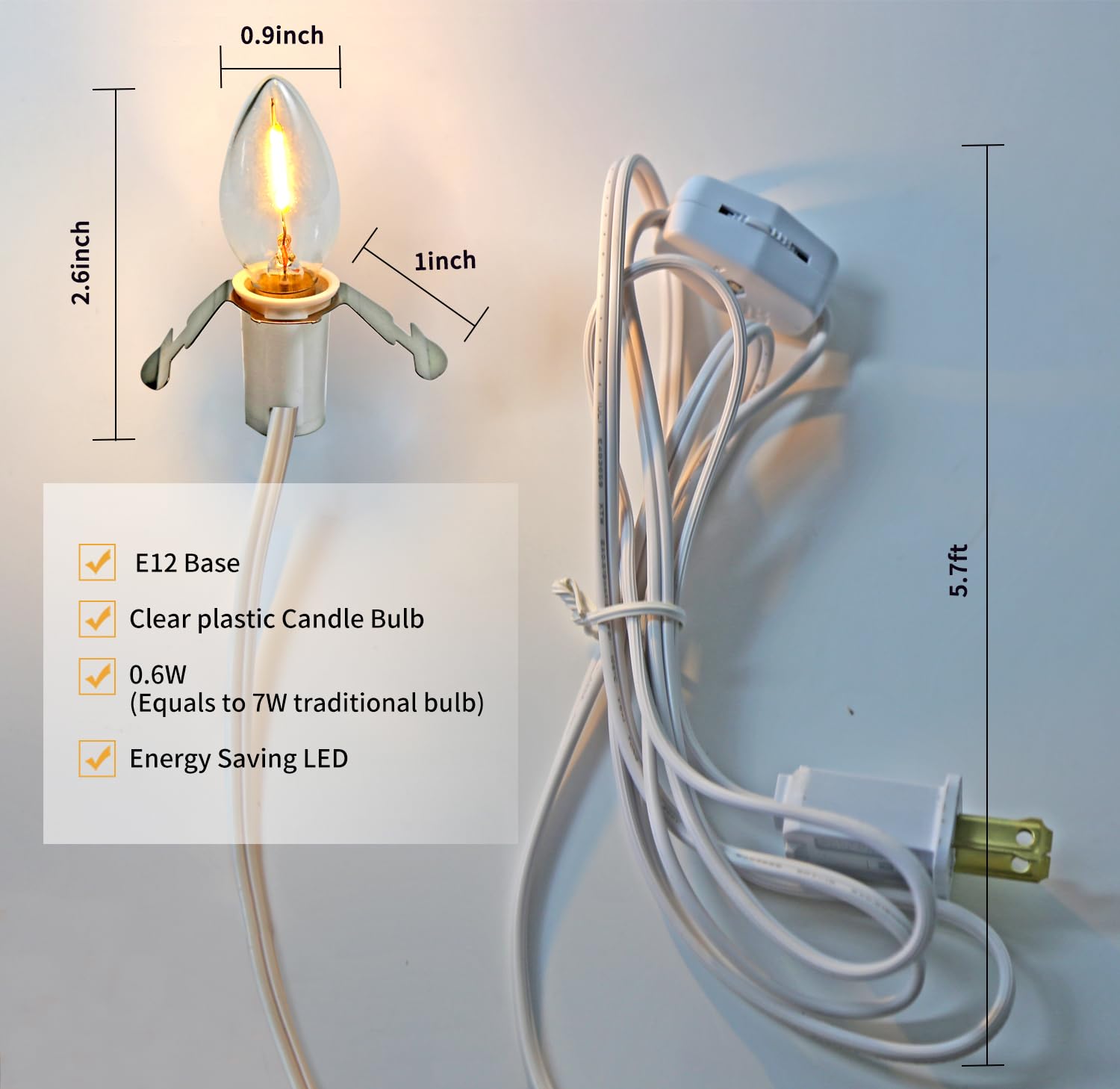 MX232 Set of 2 Accessory Cord with 2 Led Light Bulb 6 Ft White Cord with On/Off Switch Plugs e12 Candelabra LED Light Bulbs and Clips for Halloween Christmas Decorations Craft Village House Decoration