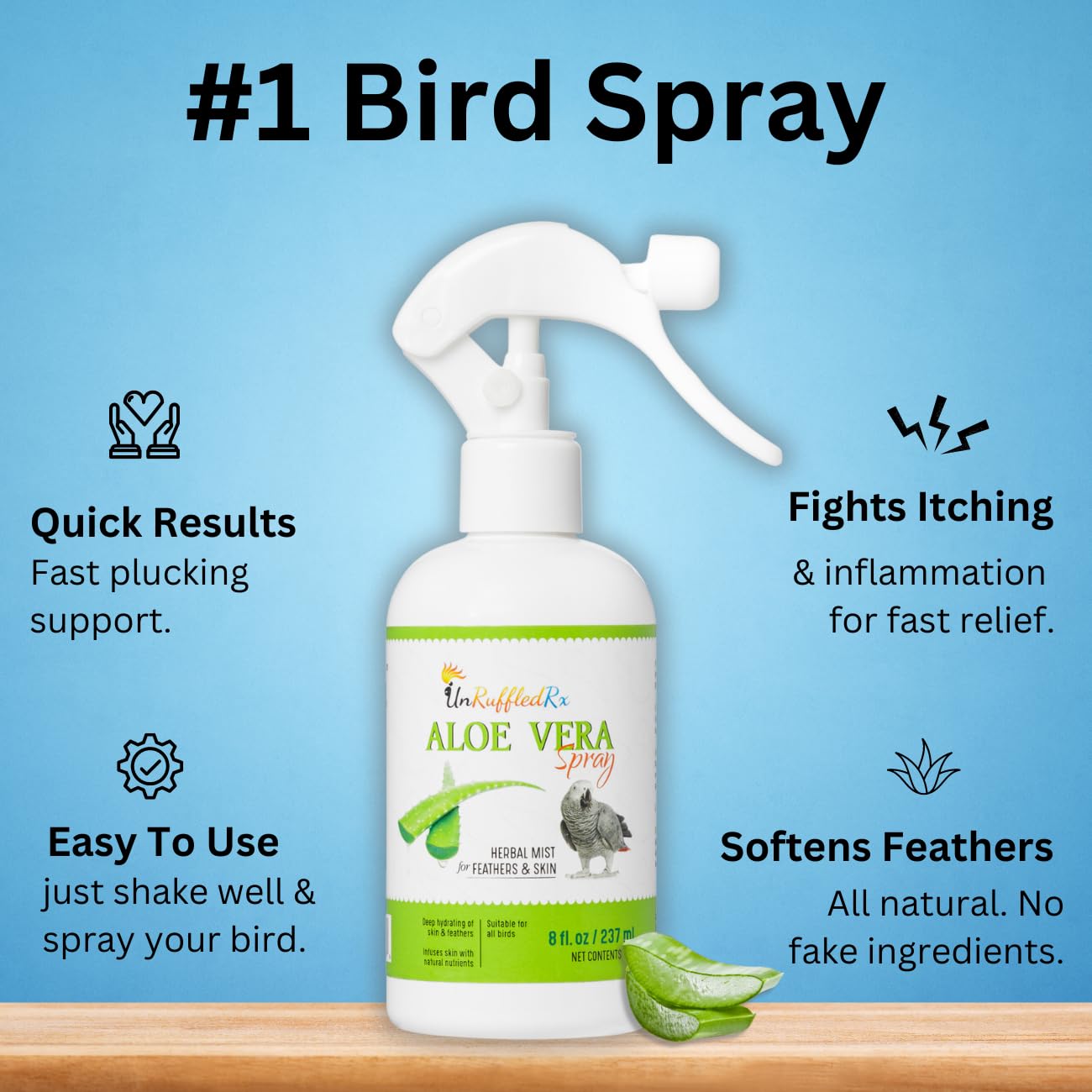 UnRuffledRx Aloe Vera Bird Bath Spray for Daily Care & Skin Health 8 Fl Oz - Soothe, Soften, and Protect Your Bird