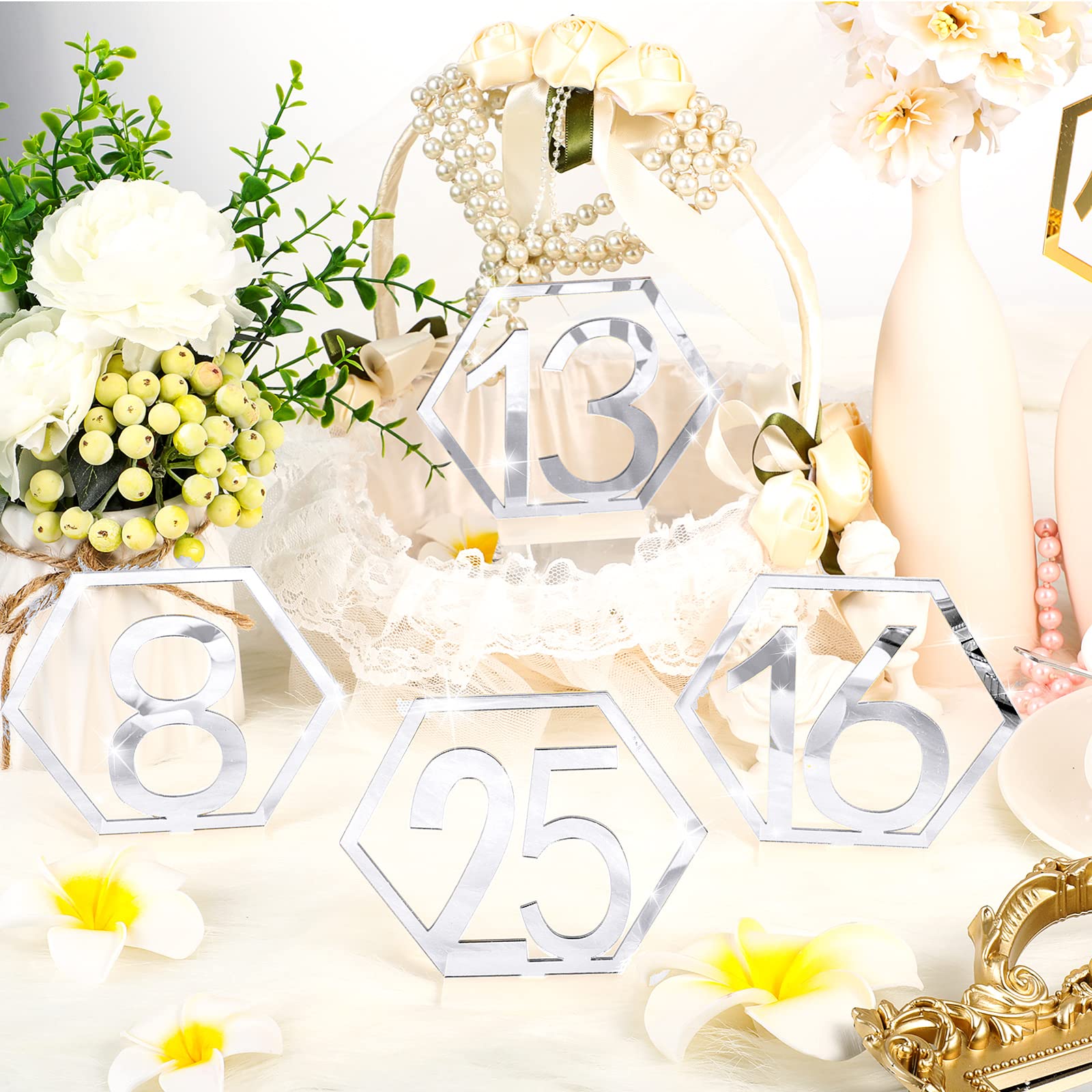 Jetec Table Numbers Wedding Acrylic Table Numbers Hexagon Wedding Numbers Hollow Out Reception Stands Seat Numbers with Holder Base for Wedding Party Event Catering Decoration (Silver)