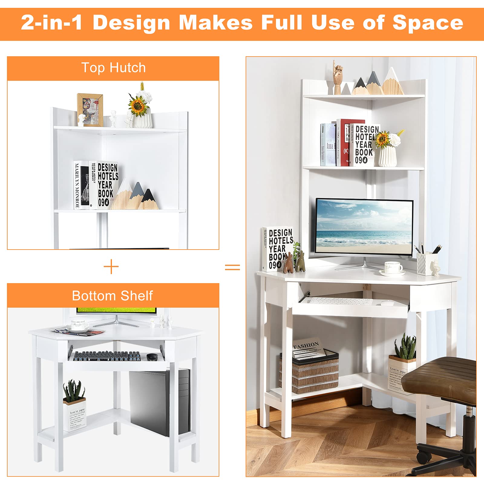 Tangkula White Corner Desk with Hutch, 90 Degrees Triangle Computer Desk with Keyboard Tray & Bookshelves for Small Space, Space Saving Writing Desk with Storage Shelves for Bedroom Apartment