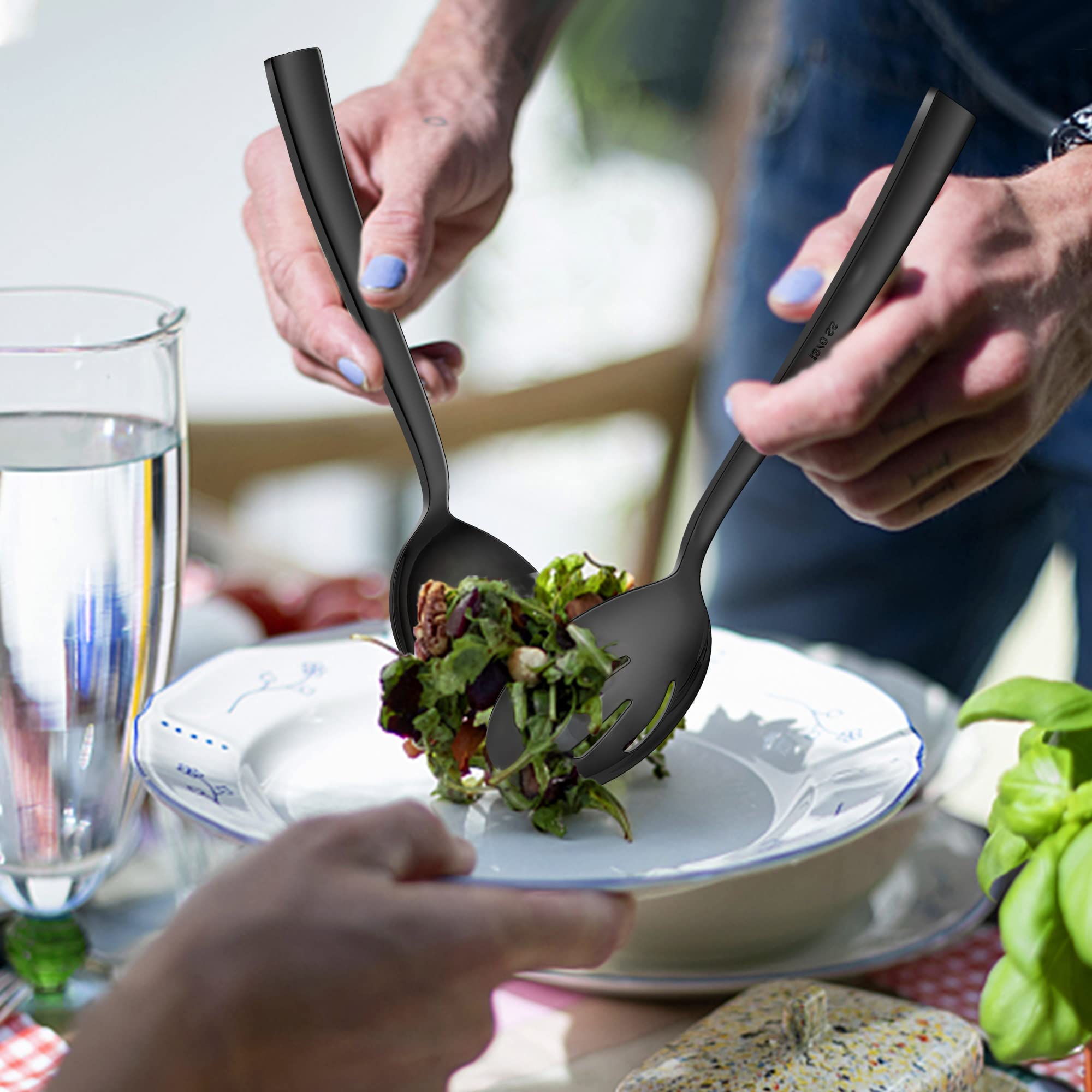 LIANYU 2 Black Serving Spoons, 2 Black Slotted Serving Spoons, 2 Black Serving Forks, 8.6 Inch Stainless Steel Metal Serving Spoons Forks for Buffet Catering Banquet, Dishwasher Safe