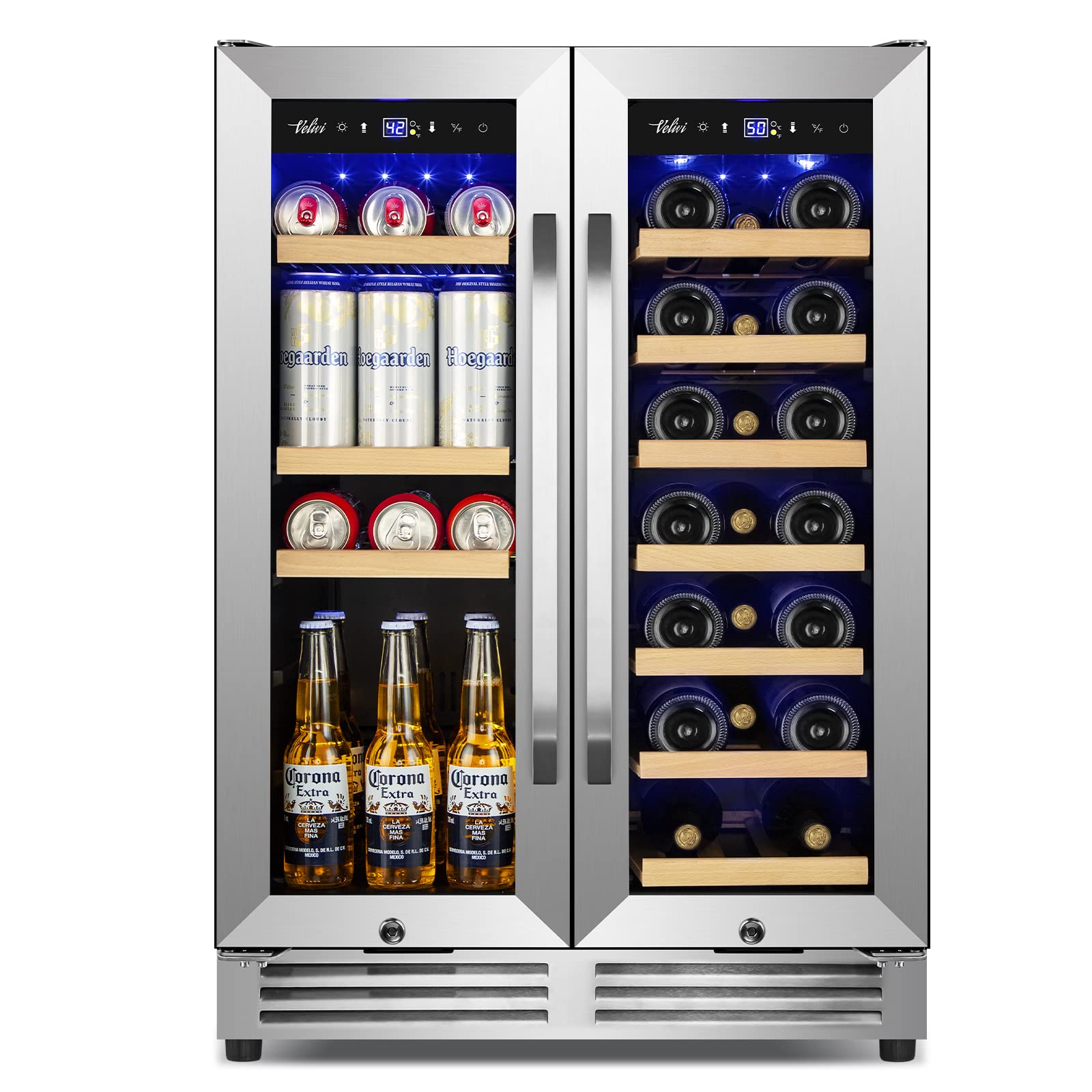 Wine and Beverage Refrigerator Upgraded, 24 Inch Beverage Refrigerator Cooler Dual Zone with Glass Door, Under Counter or Freestanding Beverage Fridge with Large Capacity, Advanced Cooling System