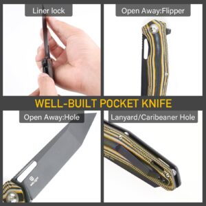 SHIELDON Boa Pocket Knife 3.82" Tanto Titanium Coating D2 Blade G10 Handle Thumb Hole Flipper Open Folding Knife with Pocket Clip for Outdoor Daily Carry