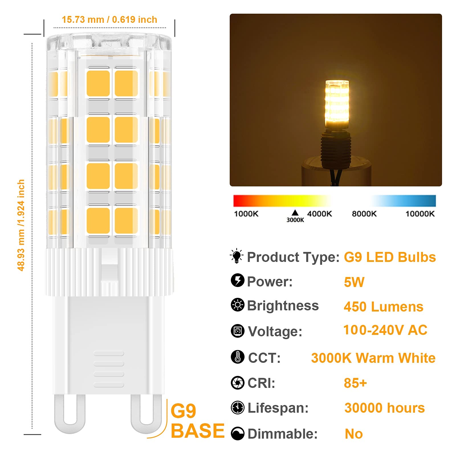 TopLeder G9 LED Bulbs, 3000K Warm White 5W 450LM LED Light Bulbs, No Flicker Non-Dimmable, 40W Halogen Bulb Equivalent, 120V Bi Pin G9 Base Bulbs for Home Lighting, 6-Pack