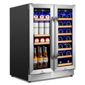 Wine and Beverage Refrigerator Upgraded, 24 Inch Beverage Refrigerator Cooler Dual Zone with Glass Door, Under Counter or Freestanding Beverage Fridge with Large Capacity, Advanced Cooling System