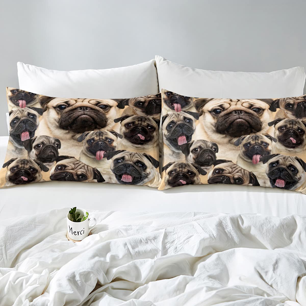 Pug Dog Bedding Sheet Set Full Size for Kids Teen Bedroom Decorations, Cute Brown Puppy Print Deep Pocket with 2 Pillow Shams, Kawaii Animal Theme Fitted Sheet for Festival Gift