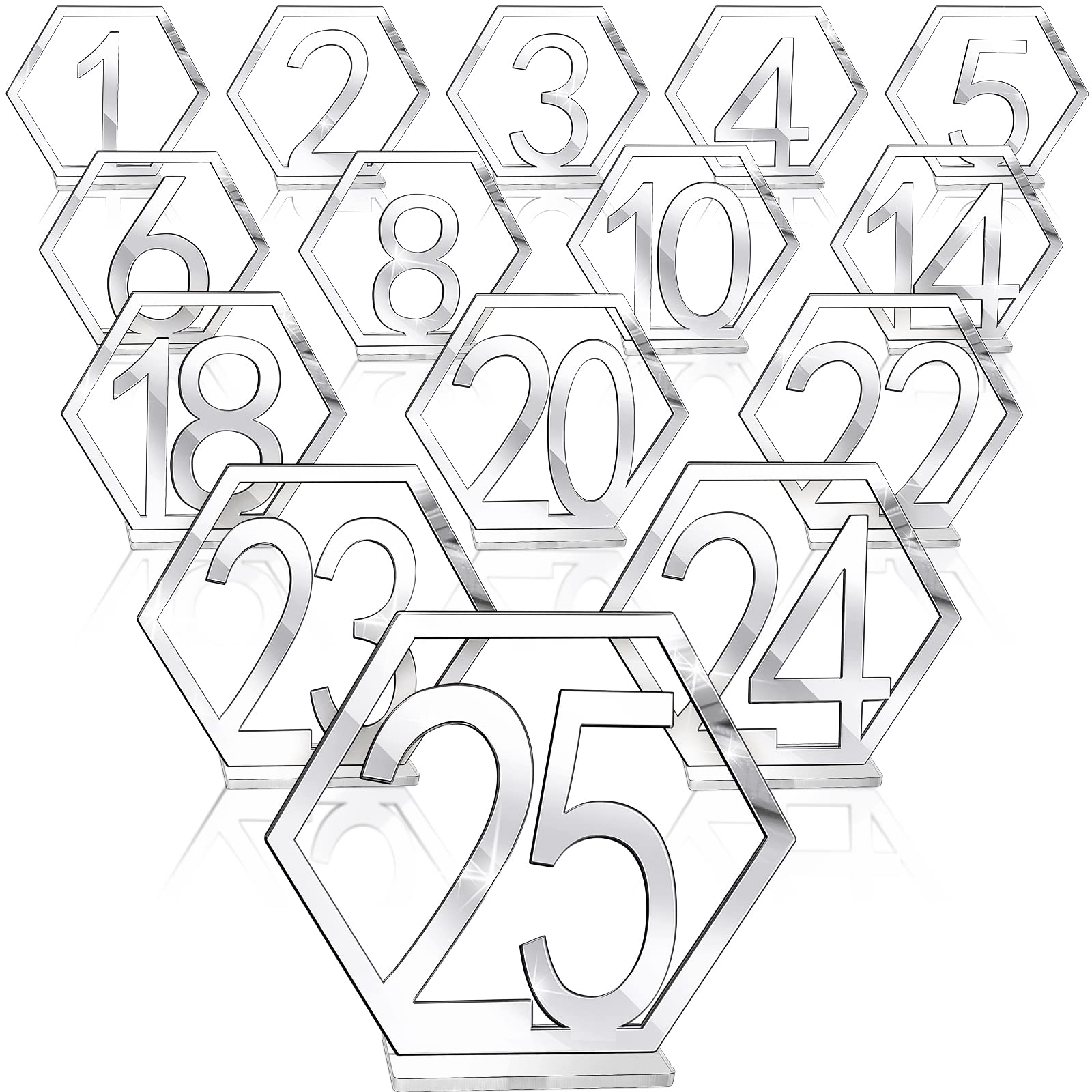 Jetec Table Numbers Wedding Acrylic Table Numbers Hexagon Wedding Numbers Hollow Out Reception Stands Seat Numbers with Holder Base for Wedding Party Event Catering Decoration (Silver)