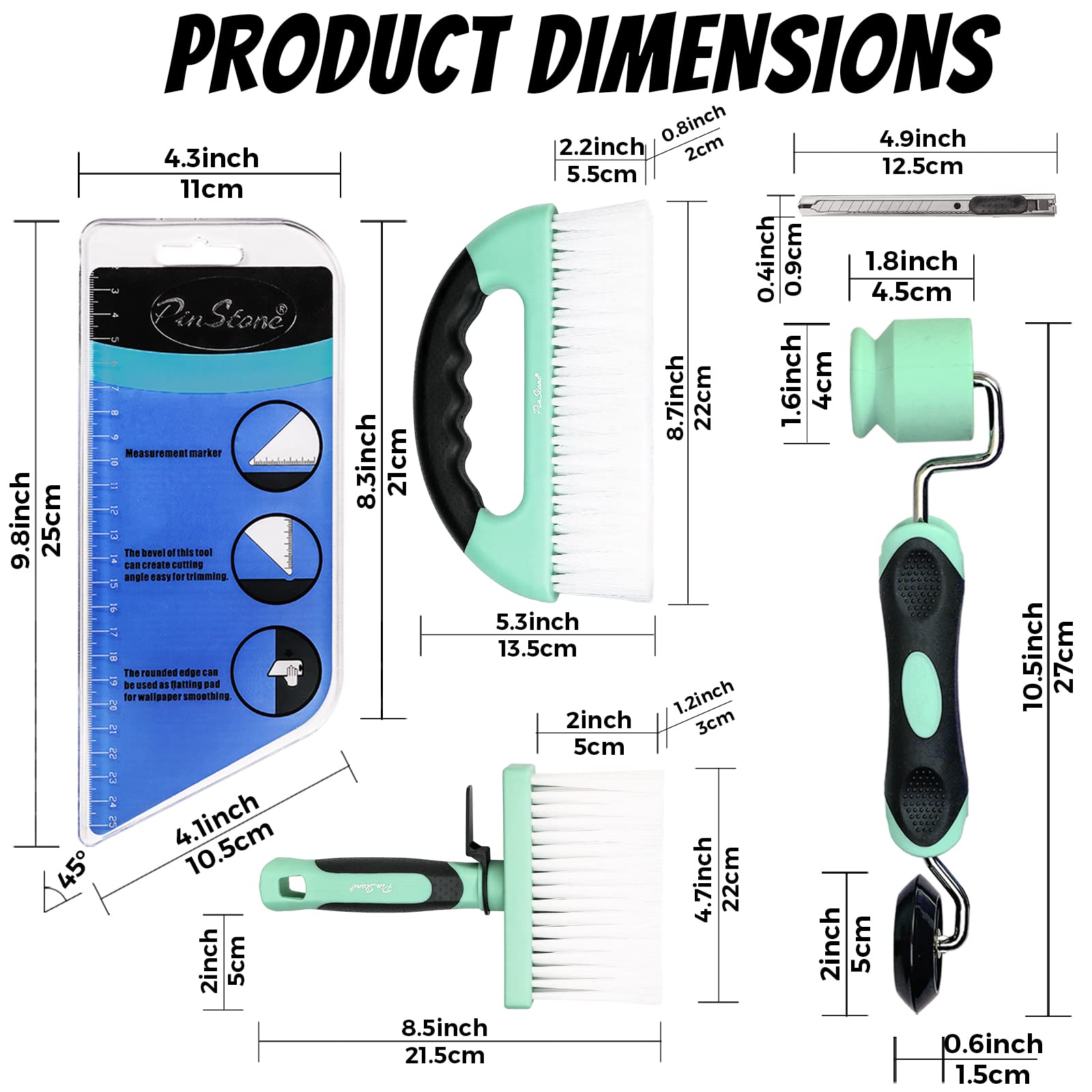 PinStone 15PC Wallpaper Smoothing Tool Kit: Multi-use Wallpaper Squeegee, Silicone Seam Detail Roller, Wallpaper Smoothing & Glue Brush for Peel and Stick Backsplash Tiles Adhesive Contact Paper Vinyl