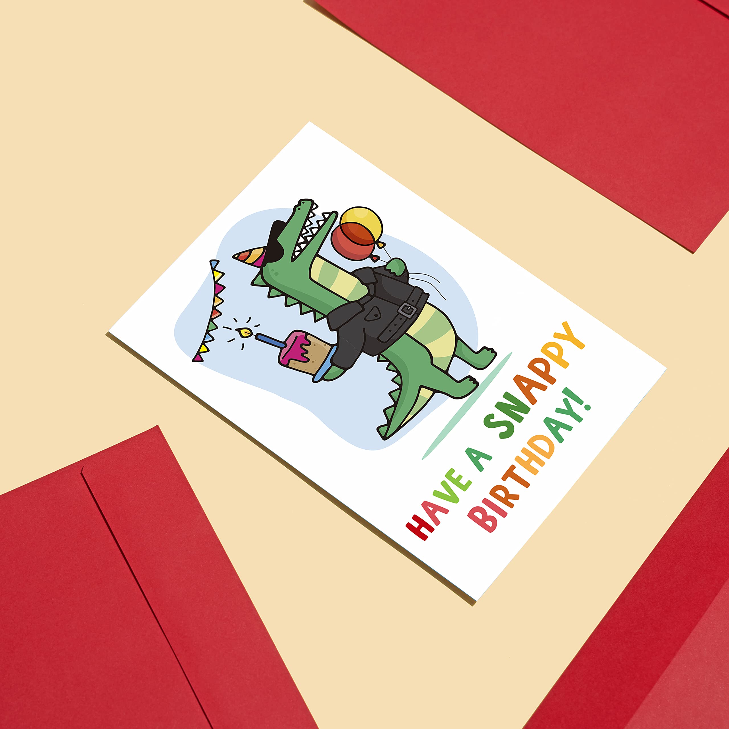 Huxters ‘Snappy Birthday’ A5 Alligator Happy Birthday Card for kids Crocodile - Unique Gift for Kids - Includes Envelope - Fun Slogan Illustrated Greetings Card, FSC Certified Paper…