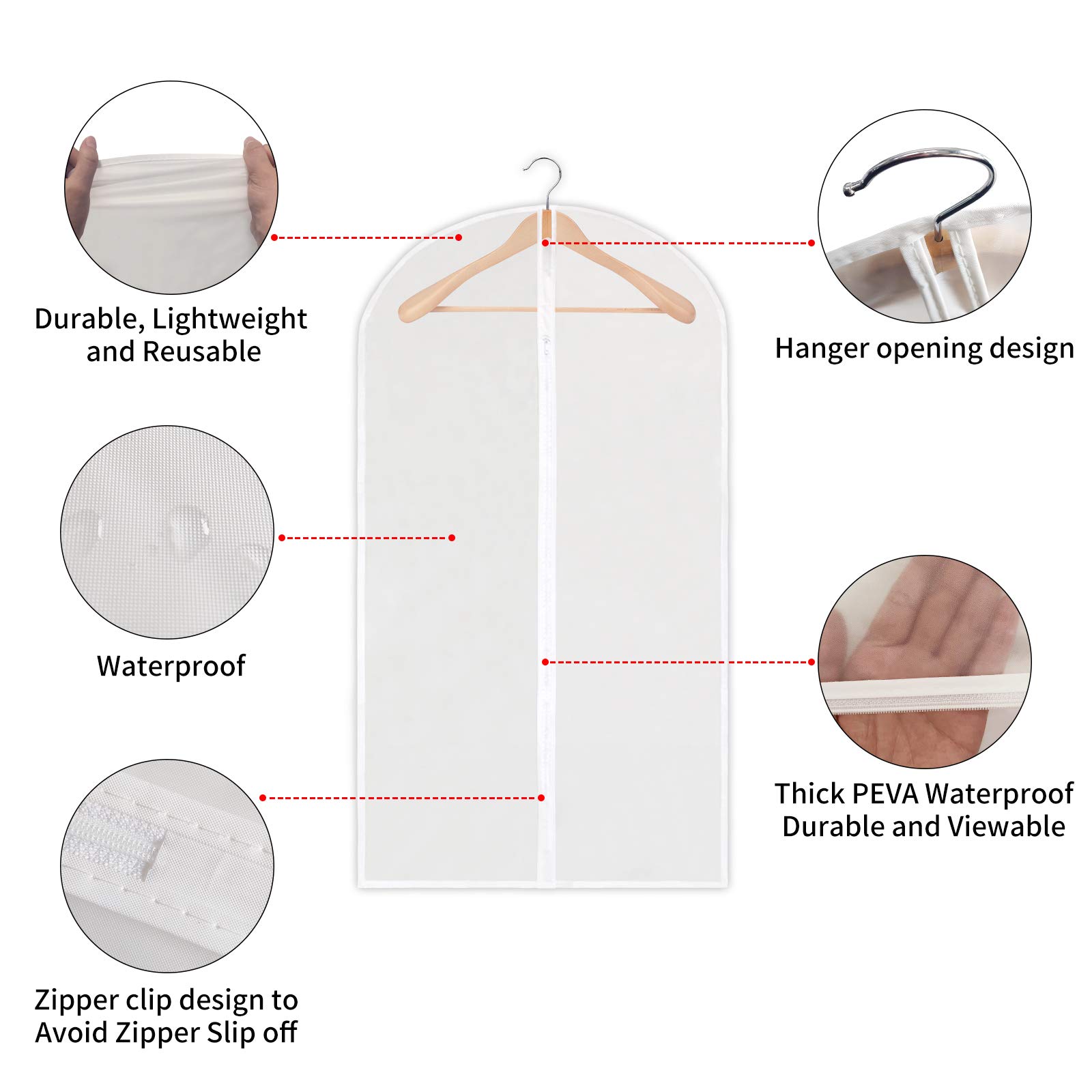 OUPAI Clear Garment Bags For Hanging Clothes, Clothes Covers Protecting Full Zipper Suit Bags PEVA Garment Cover for Closet and Cloth Storage- 24'' x 40'' /６ Pack