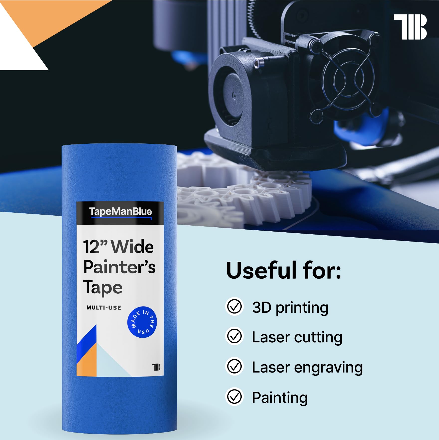 Wide Blue Painters Tape, 12 inch x 60 yds, Made in America, Great Masking Tape for 3D Printing and Laser Cutting, Removes Cleanly for 21 Days