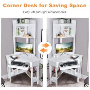 Tangkula White Corner Desk with Hutch, 90 Degrees Triangle Computer Desk with Keyboard Tray & Bookshelves for Small Space, Space Saving Writing Desk with Storage Shelves for Bedroom Apartment