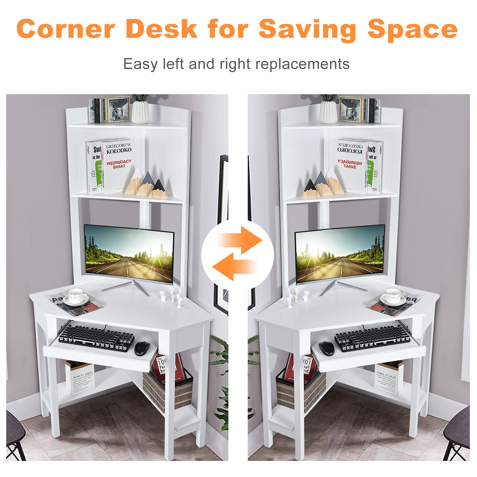 Tangkula White Corner Desk with Hutch, 90 Degrees Triangle Computer Desk with Keyboard Tray & Bookshelves for Small Space, Space Saving Writing Desk with Storage Shelves for Bedroom Apartment