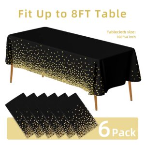 AIRE 6 Pack Black and Gold Plastic Tablecloths for Rectangle Tables, Disposable Party Table Cloths, Gold Dot Confetti Table Covers for Birthday, Graduation, Cocktail Parties, 54" x 108"