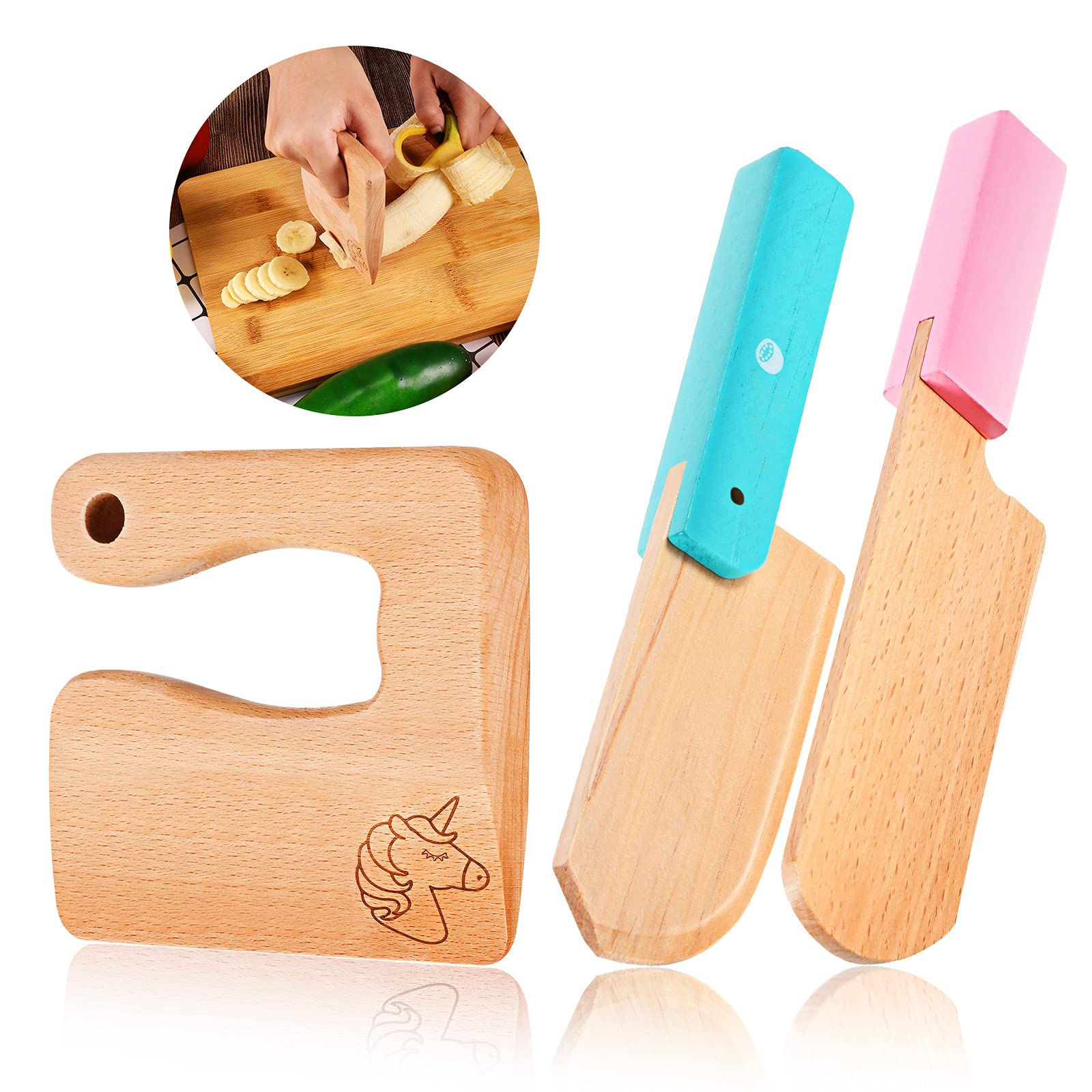 3 Pieces Wooden Kids Knife Set Wooden Kids Knife for Cooking Children's Safe Knifes Serrated Edges Kids Knife Cute Kids Shape Kitchen Tools for Cutting Veggies Fruits Salad Cake (Unicorn Style)