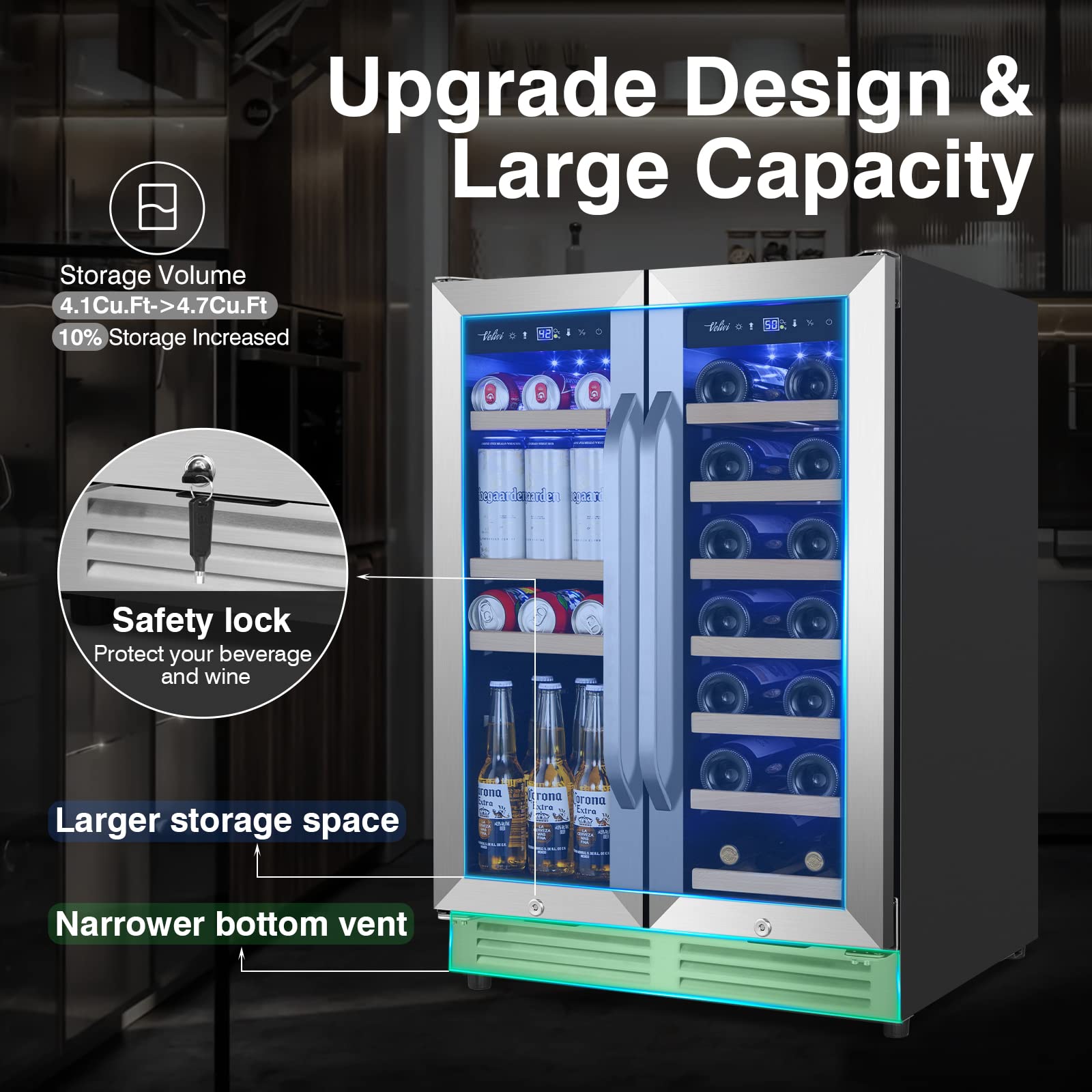 Wine and Beverage Refrigerator Upgraded, 24 Inch Beverage Refrigerator Cooler Dual Zone with Glass Door, Under Counter or Freestanding Beverage Fridge with Large Capacity, Advanced Cooling System