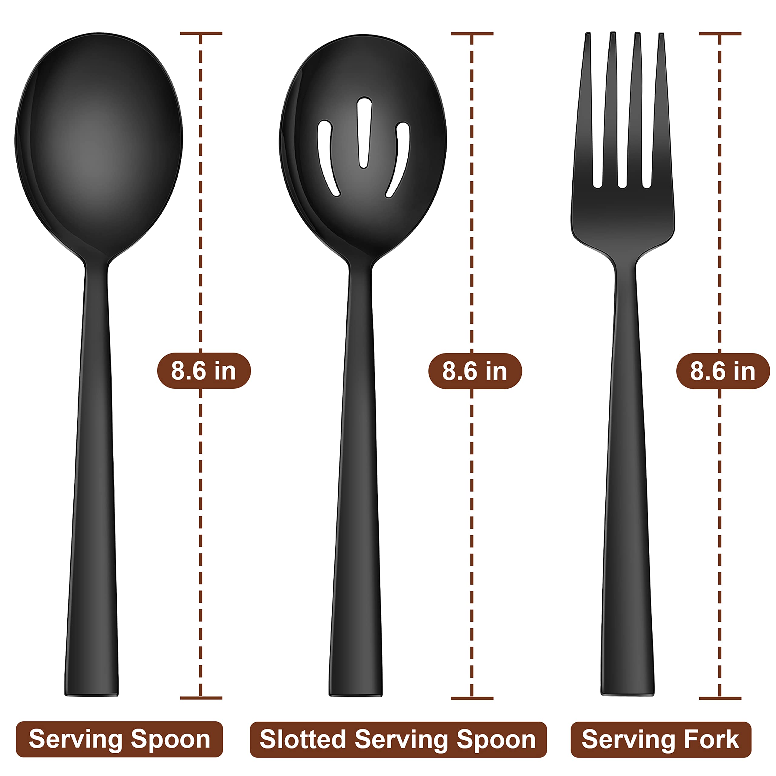 LIANYU 2 Black Serving Spoons, 2 Black Slotted Serving Spoons, 2 Black Serving Forks, 8.6 Inch Stainless Steel Metal Serving Spoons Forks for Buffet Catering Banquet, Dishwasher Safe