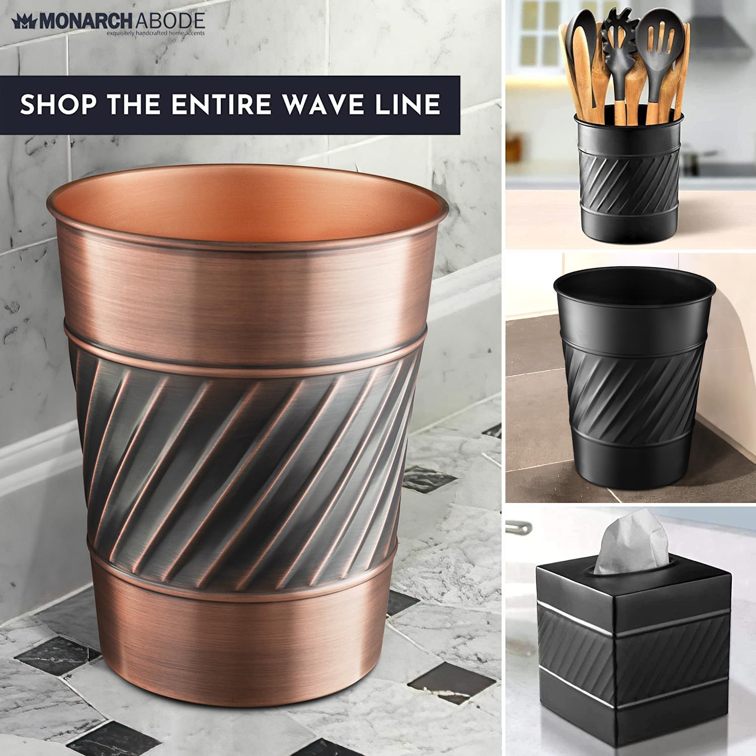 Monarch Abode 39628 Handcrafted, Wave Embossed, Metal Wastebasket Trash Can for Home Office Bedroom, Decorative Wastebasket, Modern Bathroom Decor, Durable, Antique Copper Finish