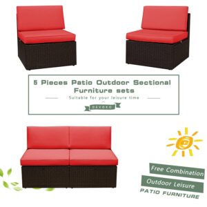 Devoko 2 Pieces Patio Furniture Sets All-Weather Outdoor Sectional Armless Sofa (Red)