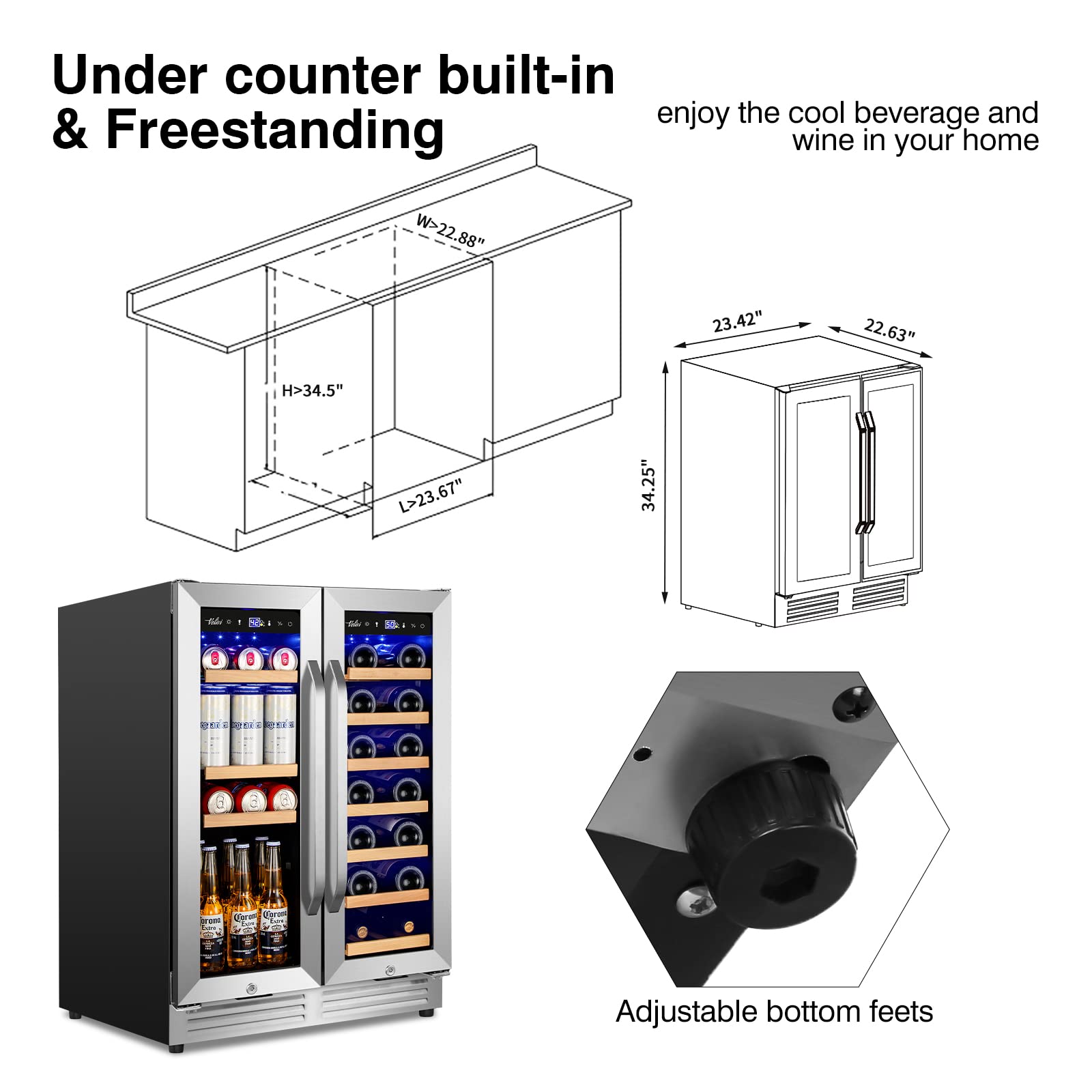 Wine and Beverage Refrigerator Upgraded, 24 Inch Beverage Refrigerator Cooler Dual Zone with Glass Door, Under Counter or Freestanding Beverage Fridge with Large Capacity, Advanced Cooling System