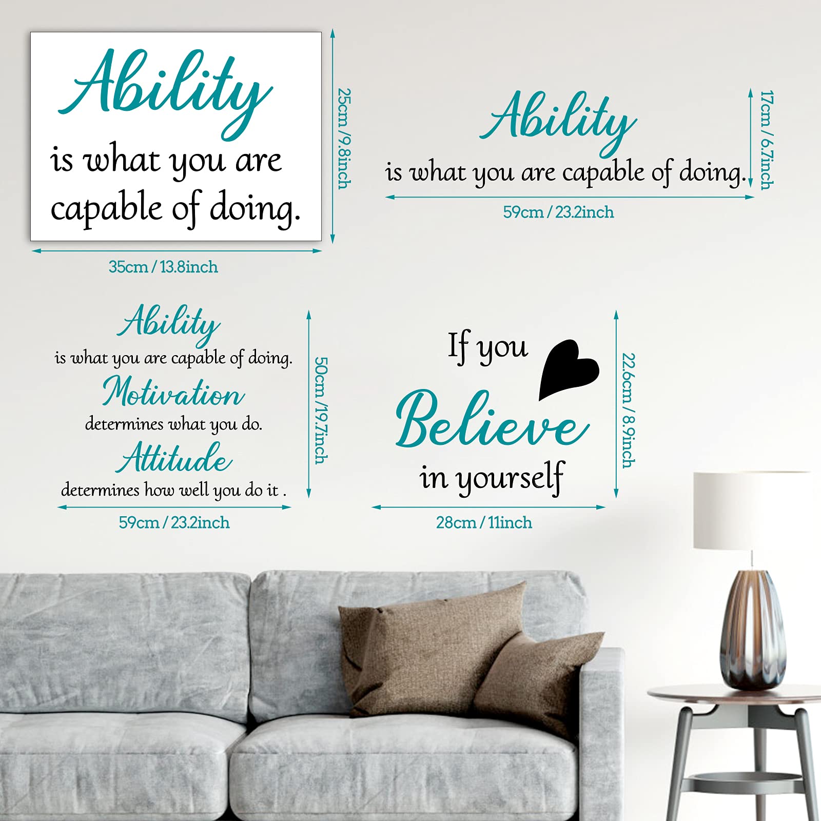 3 Sheets Vinyl Wall Quotes Stickers,Inspirational Saying Wall Decals Ability Motivation Attitude Quotes Stickers for Home Office School Classroom Teen Dorm Room Wall