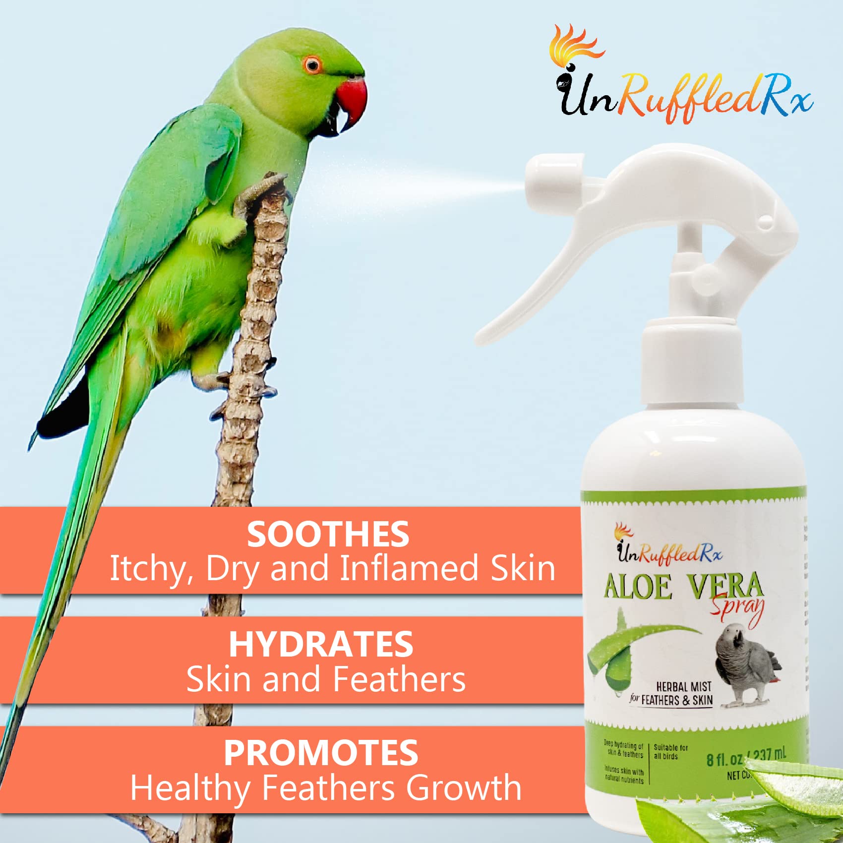 UnRuffledRx Aloe Vera Bird Bath Spray for Daily Care & Skin Health 8 Fl Oz - Soothe, Soften, and Protect Your Bird