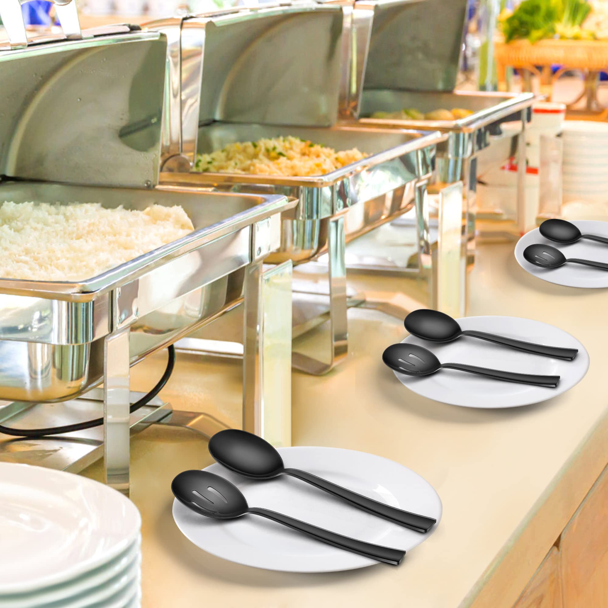 LIANYU 2 Black Serving Spoons, 2 Black Slotted Serving Spoons, 2 Black Serving Forks, 8.6 Inch Stainless Steel Metal Serving Spoons Forks for Buffet Catering Banquet, Dishwasher Safe