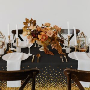 AIRE 6 Pack Black and Gold Plastic Tablecloths for Rectangle Tables, Disposable Party Table Cloths, Gold Dot Confetti Table Covers for Birthday, Graduation, Cocktail Parties, 54" x 108"