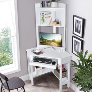 tangkula white corner desk with hutch, 90 degrees triangle computer desk with keyboard tray & bookshelves for small space, space saving writing desk with storage shelves for bedroom apartment