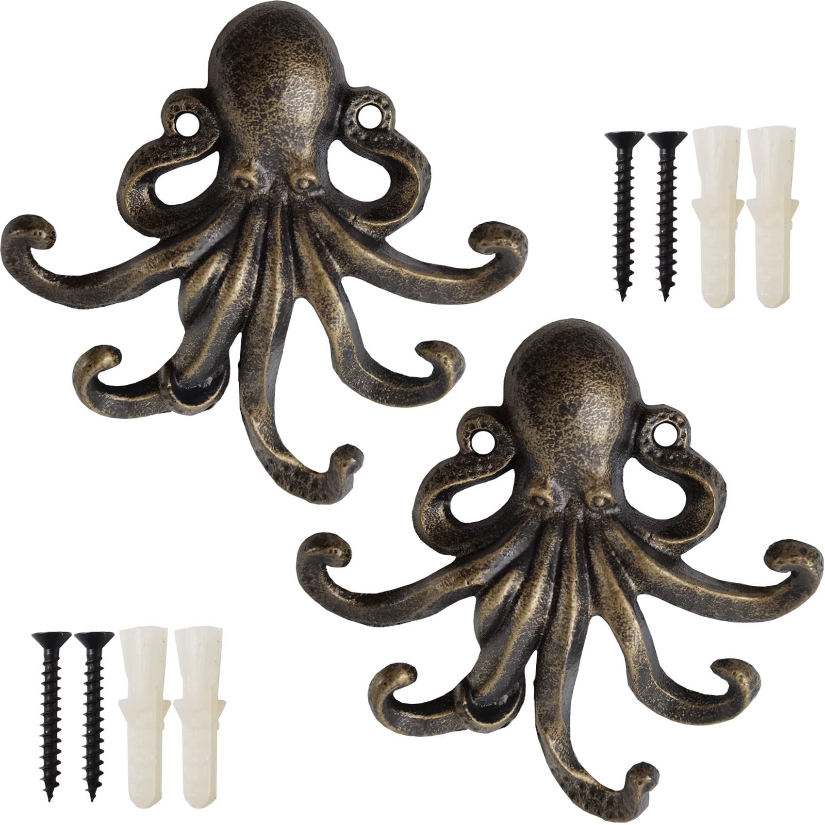 RONYOUNG 2PCS Heavy Duty Decorative Octopus Hook- Wall Mounted Coat Hooks/Solid Cast Iron Unique Key Holders/Home Decor (Green Bronze)