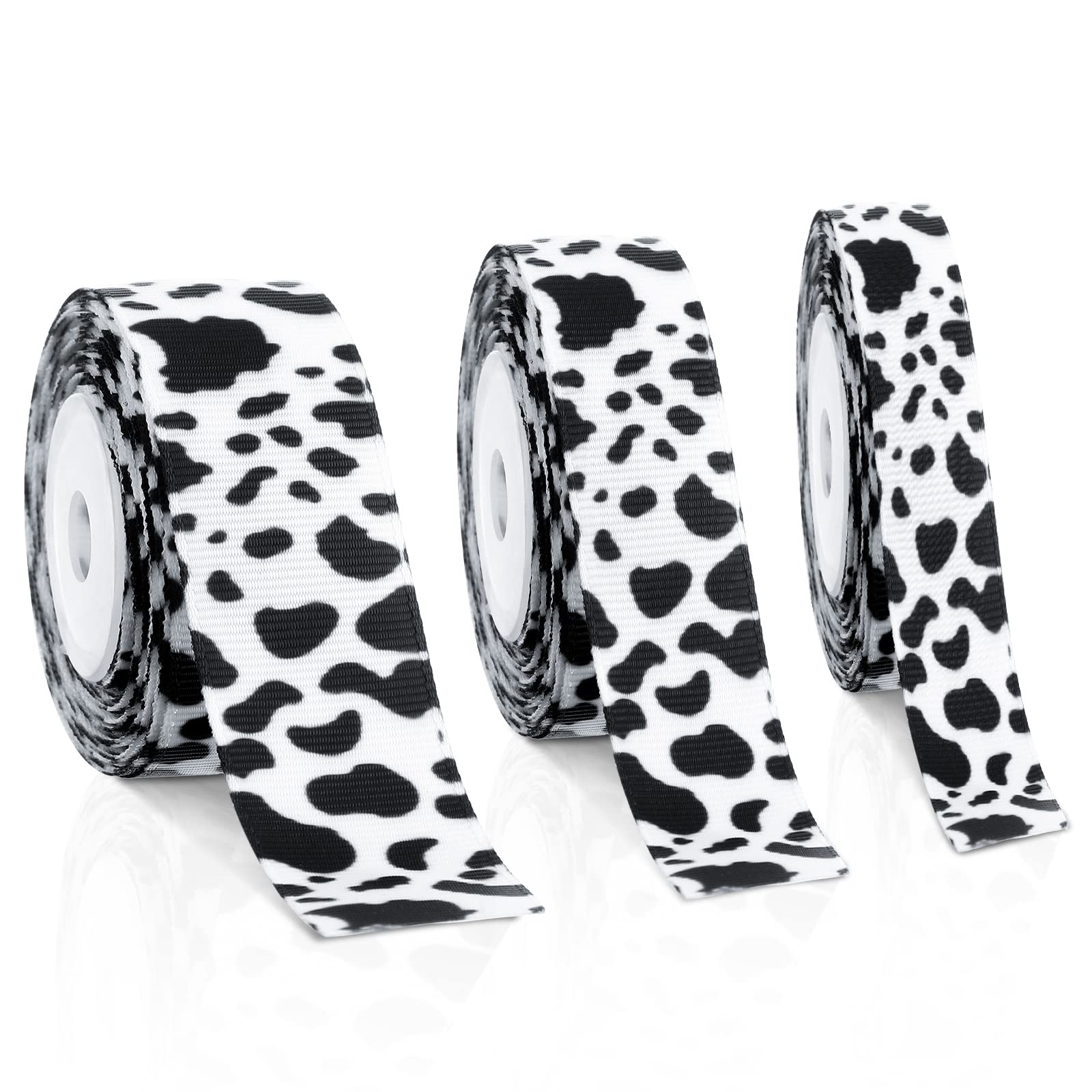 3 Rolls 15 Yards Cow Print Ribbon Grosgrain Cow Ribbon Cow Spot Pattern Wrapping Ribbon Dairy Cow Print Ribbon Animal Print Ribbon for Wreath Bow DIY Crafts Party Decorations (Black White)