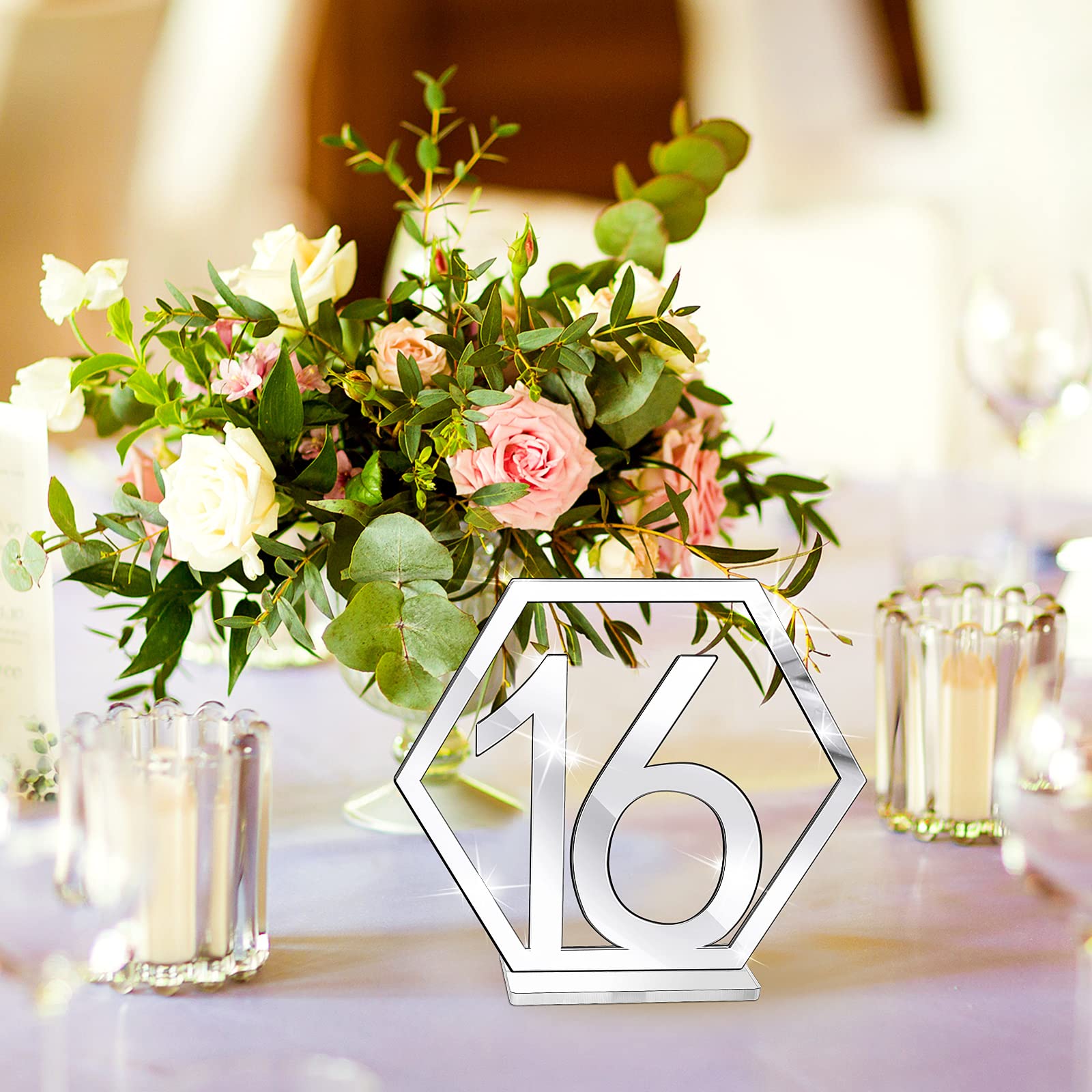 Jetec Table Numbers Wedding Acrylic Table Numbers Hexagon Wedding Numbers Hollow Out Reception Stands Seat Numbers with Holder Base for Wedding Party Event Catering Decoration (Silver)